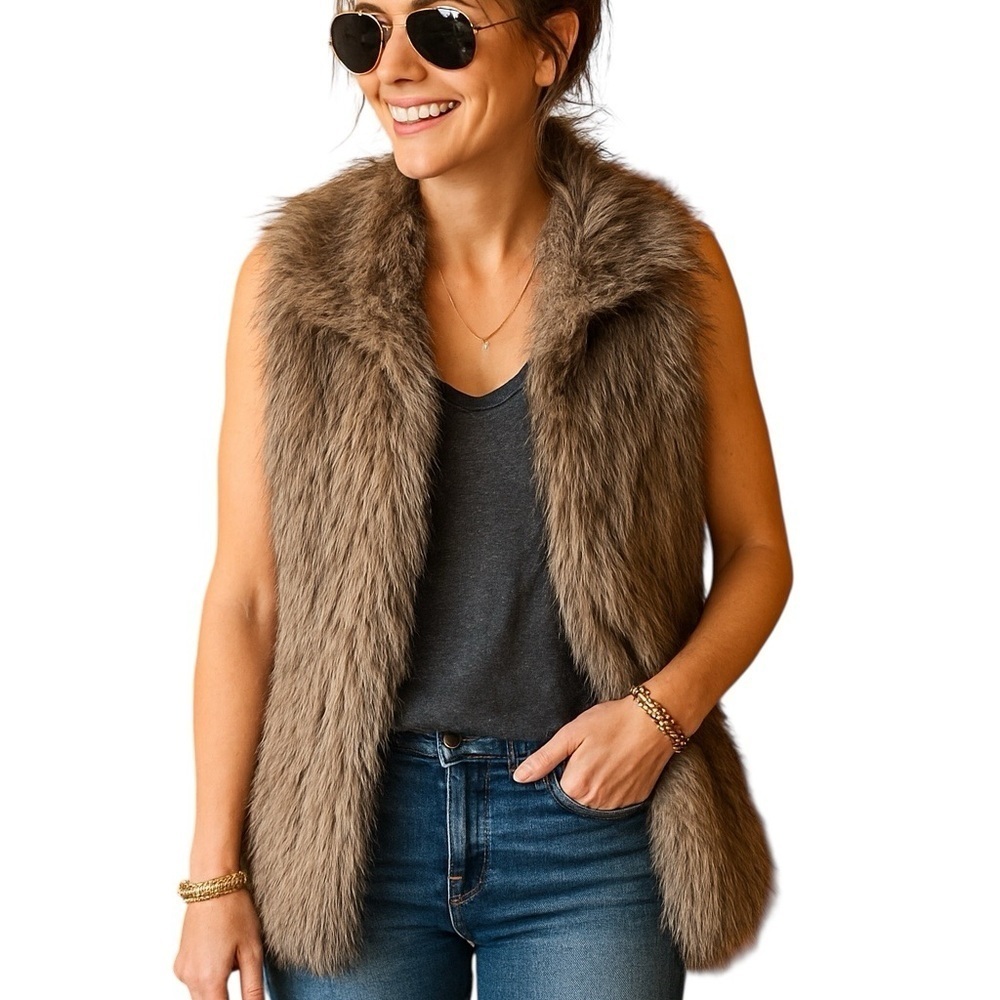 JouJou Small Faux Fur Vest Pockets Vegan Boho Western Mob Wife